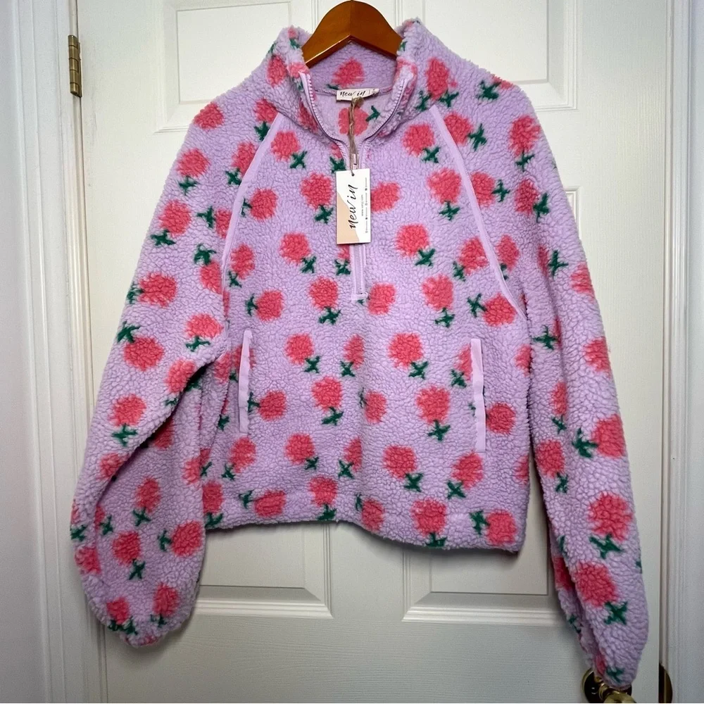 NWT New In Lilac Fleece Jacket with Pink Floral Pattern Oversized Size Small - Picture 1 of 12